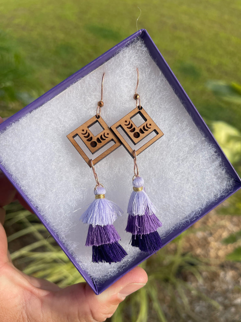 Moon Phase Wooden Tassel Drop Earrings Purple Earrings Dangle Boho Earrings Dangle Dangle Boho Earrings Moonphase earring