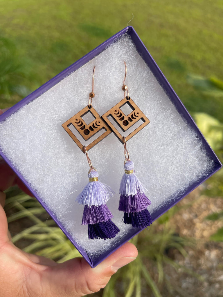 Moon Phase Wooden Tassel Drop Earrings | Purple Earrings Dangle | Boho Earrings Dangle | Dangle Boho Earrings | Moonphase earring