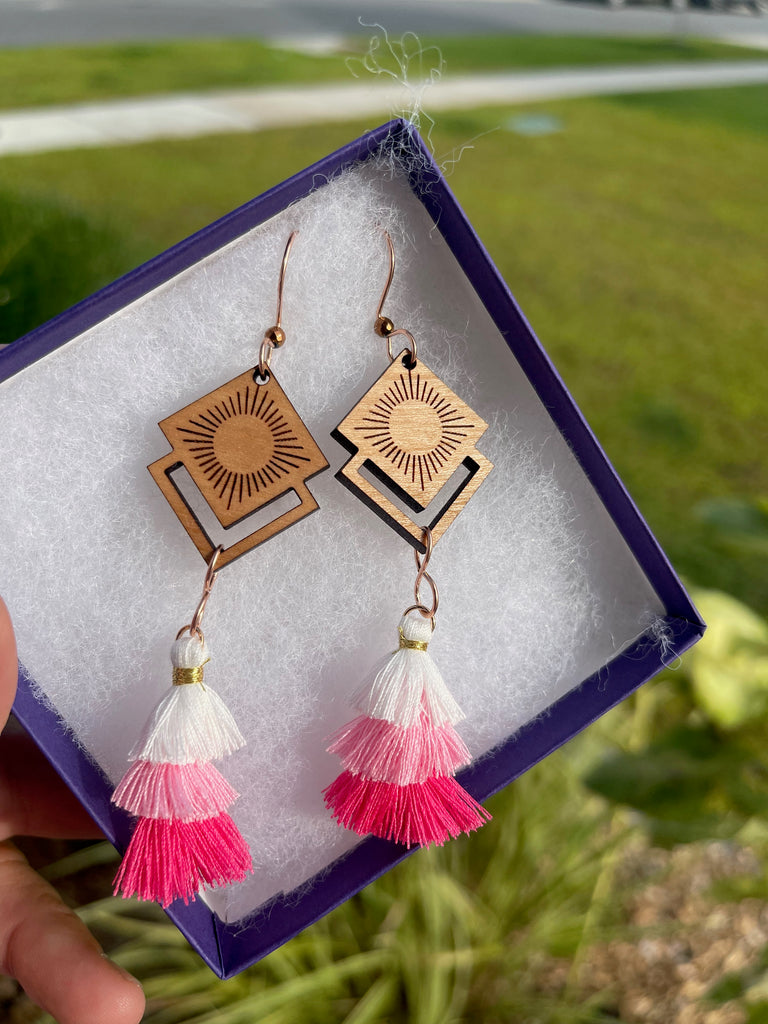 Boho Wooden Tassel Earrings | Pink Earrings Statement | Pink Tassel Earrings | Earrings Dangle Boho