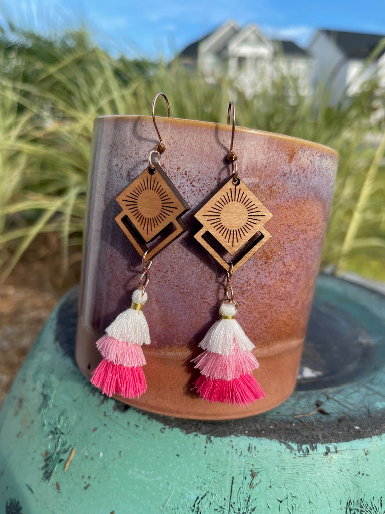 Boho Wooden Tassel Earrings | Pink Earrings Statement | Pink Tassel Earrings | Earrings Dangle Boho