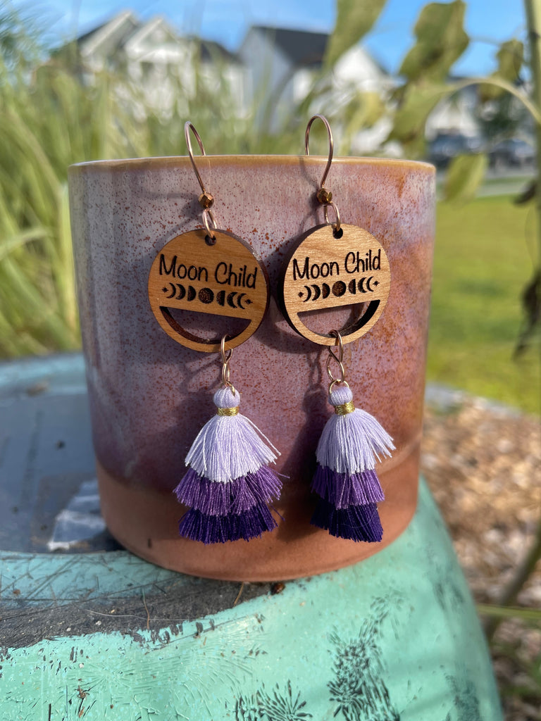 Moon Phase Wooden Boho Tassel Drop Earrings | Purple Earrings Dangle | Moon Phase Earrings | Moonphase Earring | Phases of the Moon