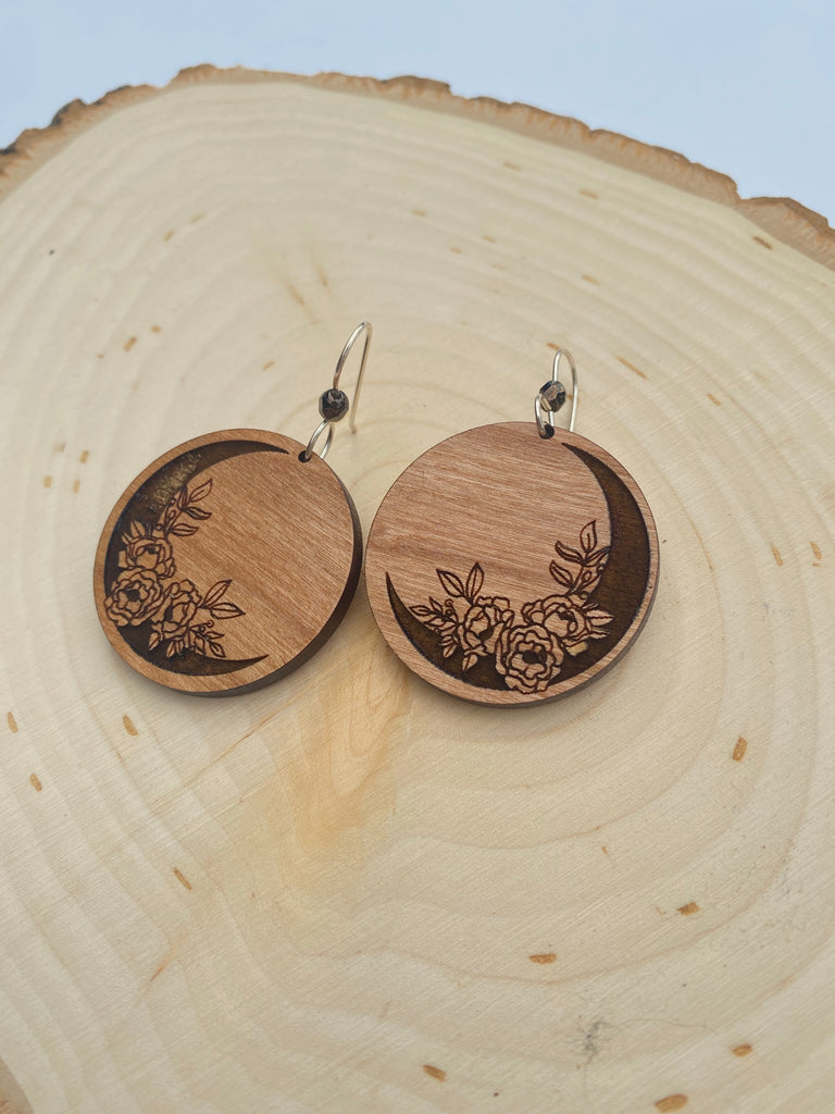 Boho Crescent Moon and Floral Wooden Earrings - Inspired by Stephanie Rose