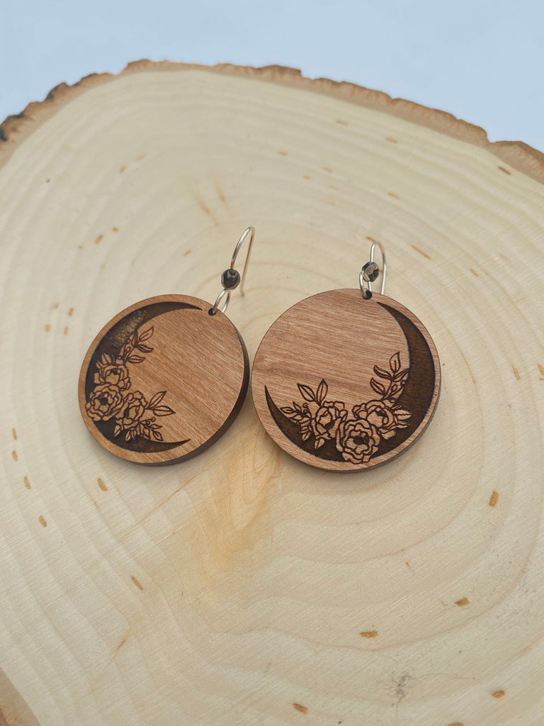 Boho Crescent Moon and Floral Wooden Earrings - Inspired by Stephanie Rose